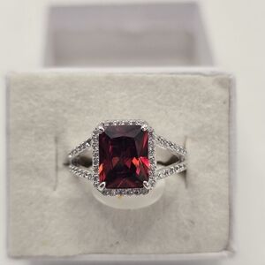 Created Garnet and white topaz rhodium plated band womens ring Sz 7 great gift